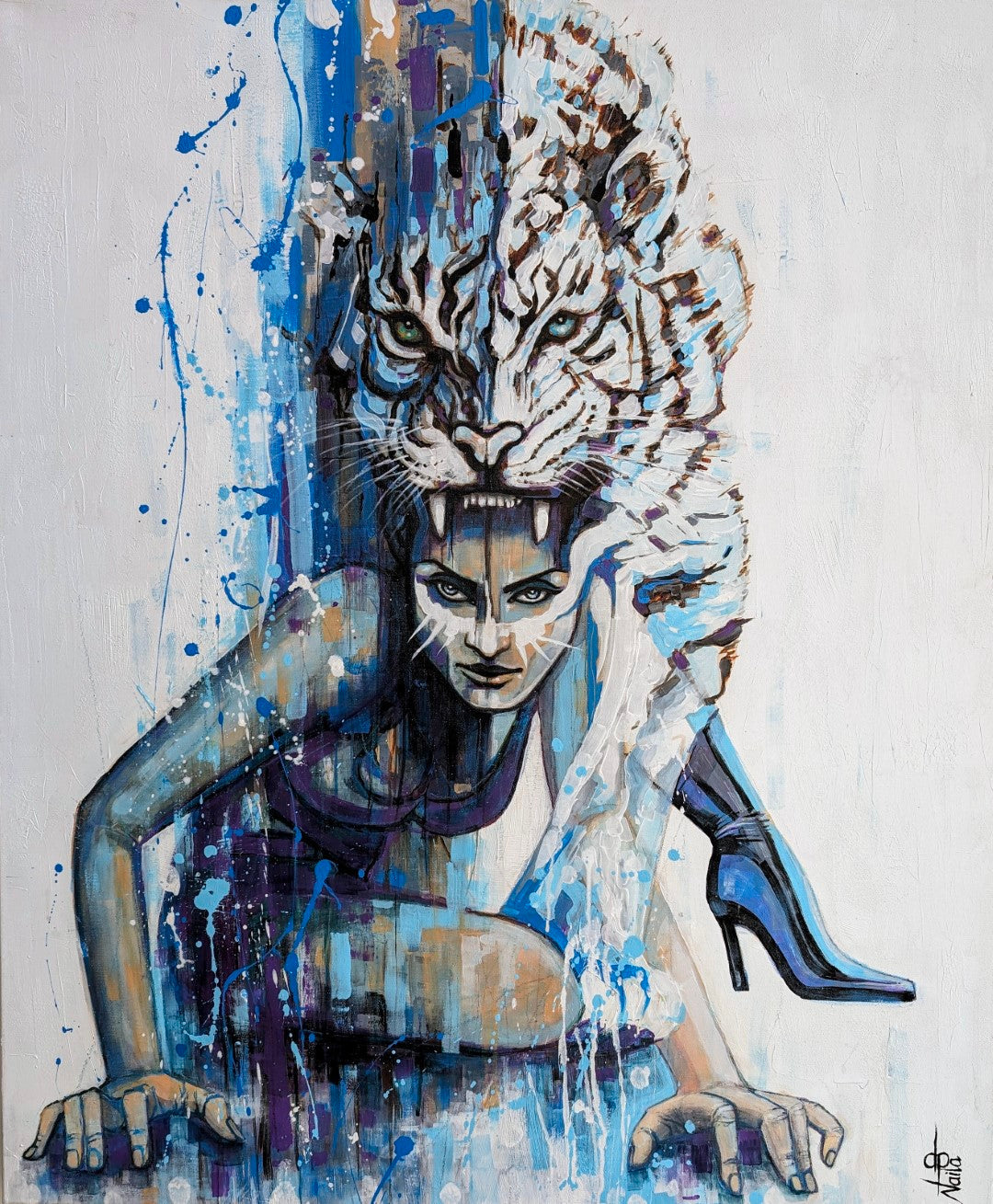 FEEL YOUR POWER-EXPRESSIVES Animal Pop/ Urban Art Tiger Gemälde -Verschmelzung von Frau & Tiger-intensiv ,stark und direkt in blau und weiss von 1 Art by Naila