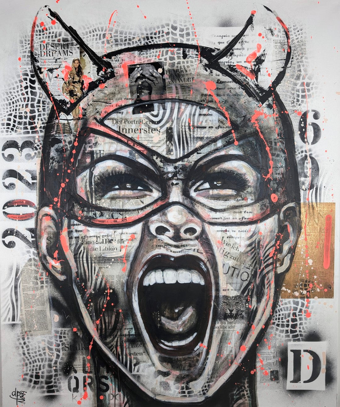 BEFREIUNGSSCHLAG-Expressives Porträt einer Frau |Urban Art- Collage Elemente& mixed Media treffen auf Neon und schwarz weiss-1 Art by Naila
